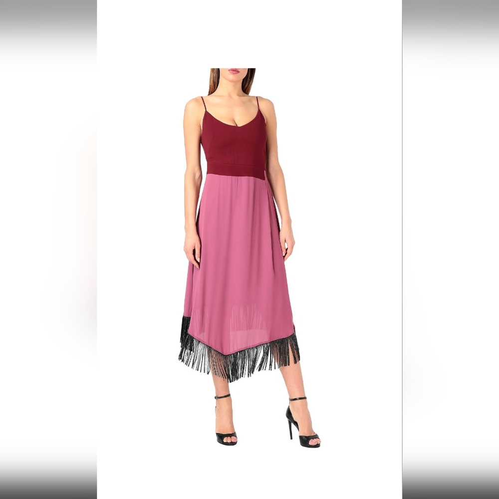 Just Cavalli Stunning Red and Pink Midi Dress With Fringe Hemline